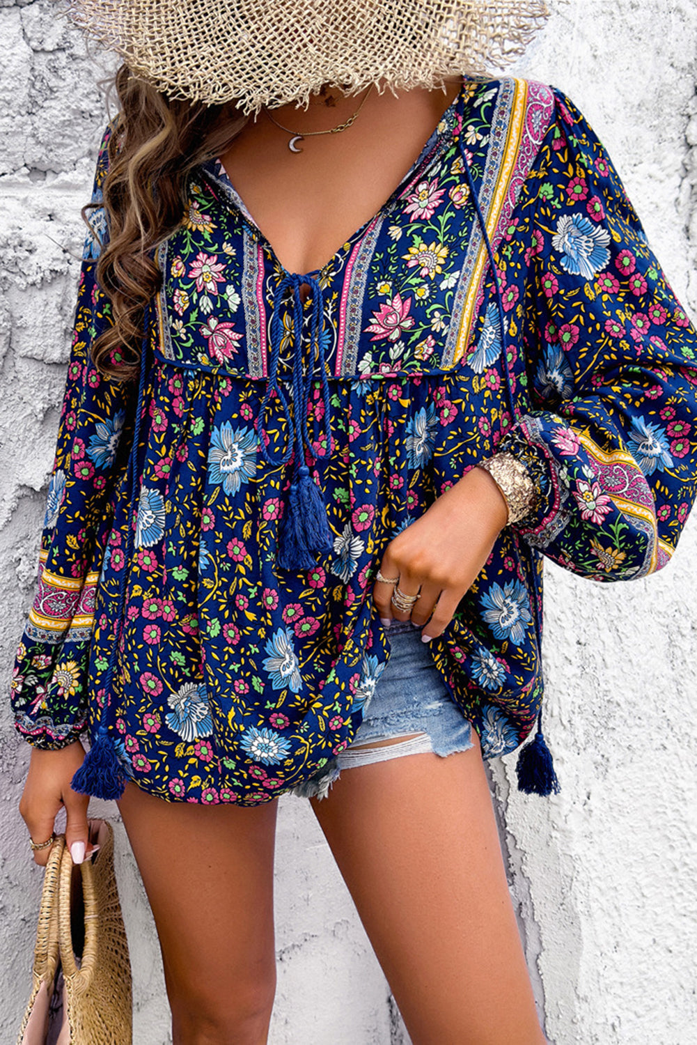 Blue Bohemian Floral Print Tassel Tie Front Long Sleeve Blouse - Cowaa