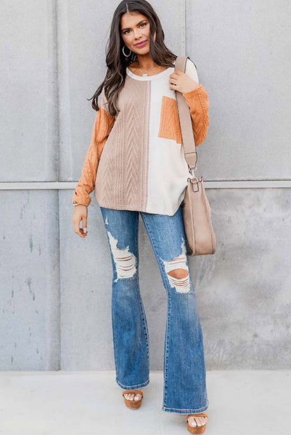 Long Sleeve Colorblock Chest Pocket Textured Knit Top - Cowaa