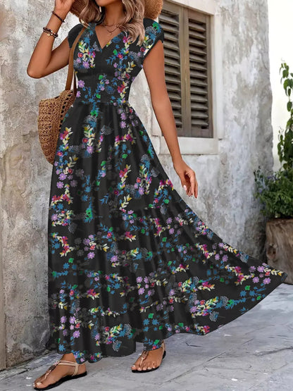Plus Size Floral V-Neck Cap Sleeve Maxi Dress.