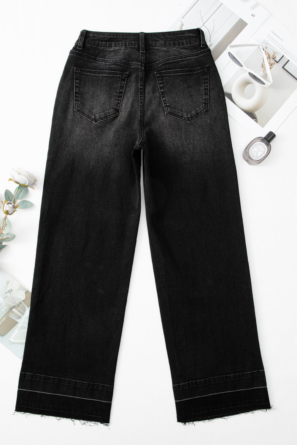 Black Raw Hem Unique Cuffs Straight High Rise Loose Jeans - Cowaa