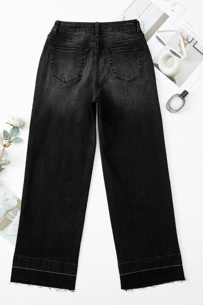 Black Raw Hem Unique Cuffs Straight High Rise Loose Jeans - Cowaa