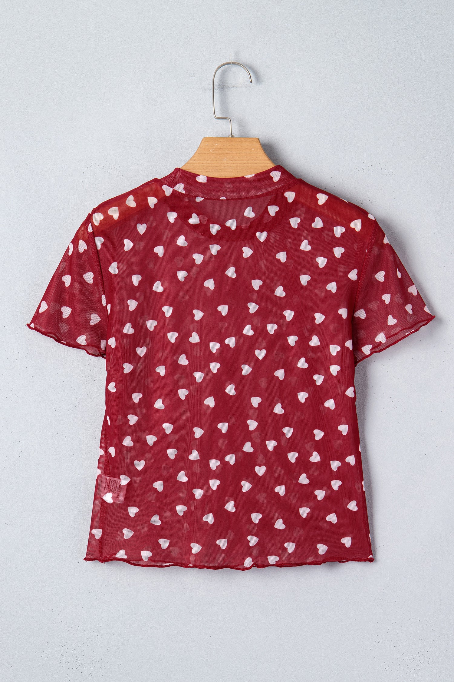 Racing Red Allover Heart Print Mesh Short Sleeve Top - Cowaa