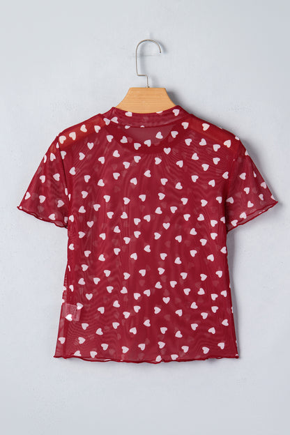Racing Red Allover Heart Print Mesh Short Sleeve Top - Cowaa