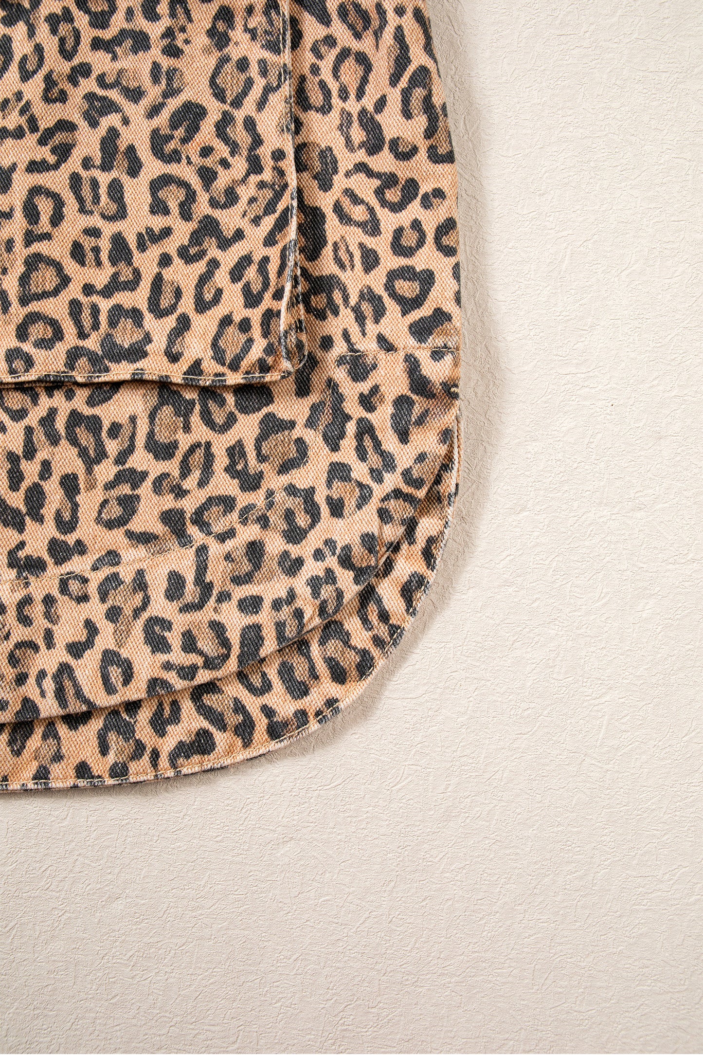 Khaki Leopard Print Collar Long Sleeve Patch Pocket Shift Denim Jacket