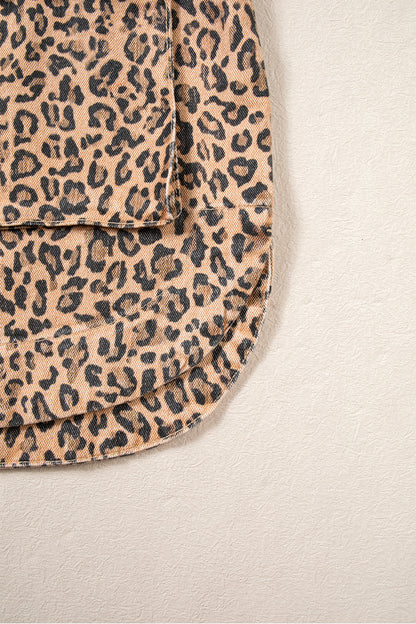 Khaki Leopard Print Collar Long Sleeve Patch Pocket Shift Denim Jacket