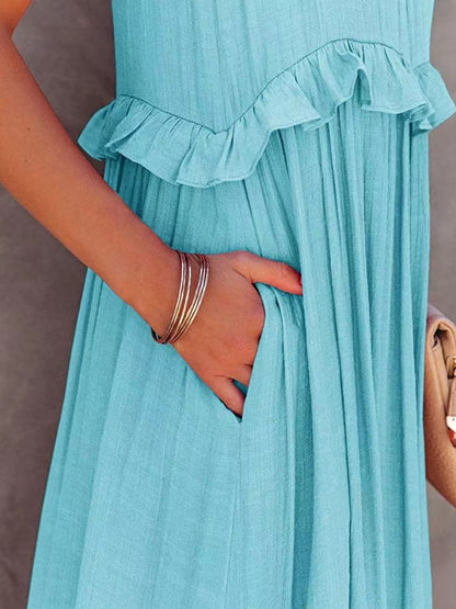 Ruffled Sleeveless Tiered Maxi Dress with Pockets - Cowaa