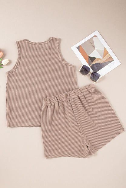 Medium Grey Corded Sleeveless Top and Pocketed Shorts Set - Cowaa