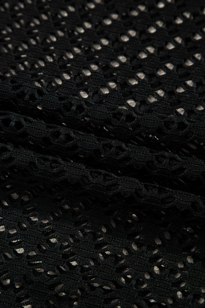 Black See Through Patterned Knit Ruffle Hem Patchwork Beach Cover Up - Cowaa