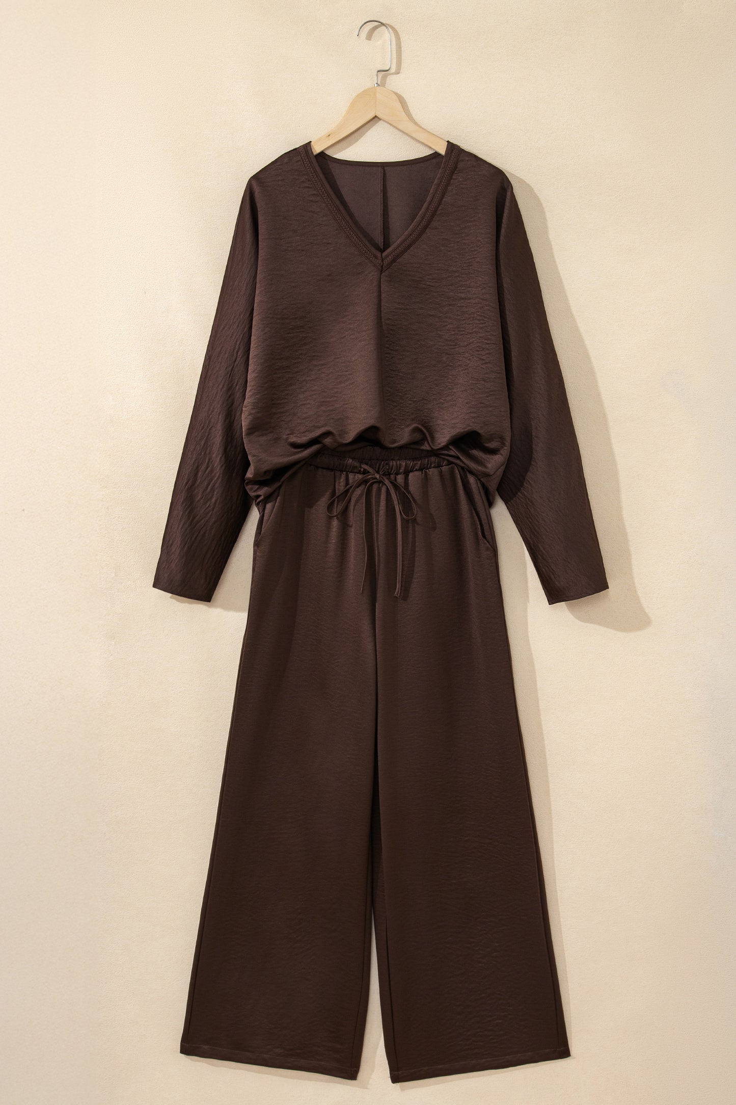 Dark Brown Braided V Neck Long Sleeve Loose Top and Drawstring High Waist Pants 2pcs Outfit - Cowaa