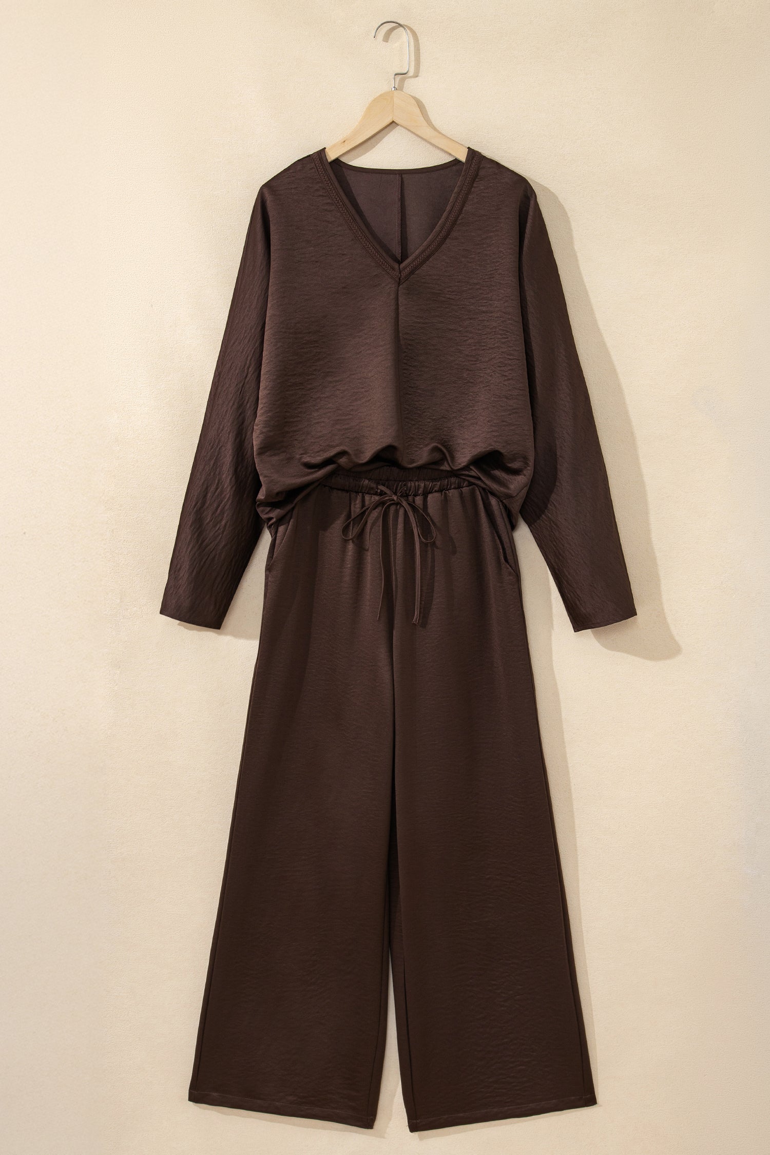 Dark Brown Braided V Neck Long Sleeve Loose Top and Drawstring High Waist Pants 2pcs Outfit - Cowaa