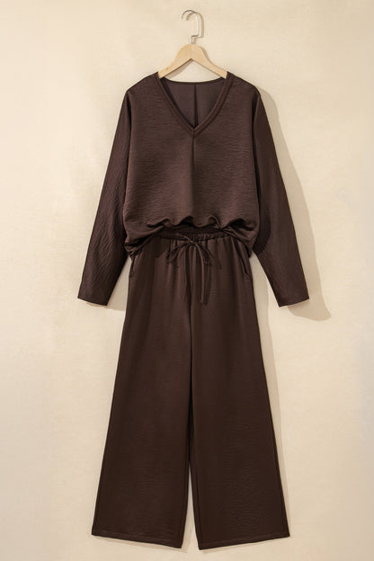 Dark Brown Braided V Neck Long Sleeve Loose Top and Drawstring High Waist Pants 2pcs Outfit - Cowaa