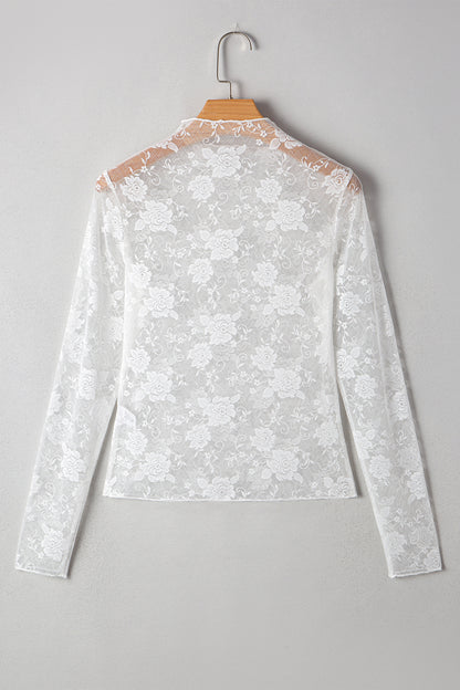 Black Plus Size Floral Mesh Long Sleeve Top