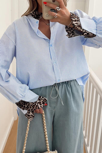 Sky Blue Stripe Ruffled Leopard Patchwork Long Sleeve Button Down Loose Shirt.