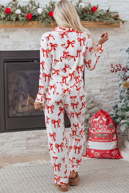 Red Christmas Bow Print Long 2pcs Pajama Set - Cowaa