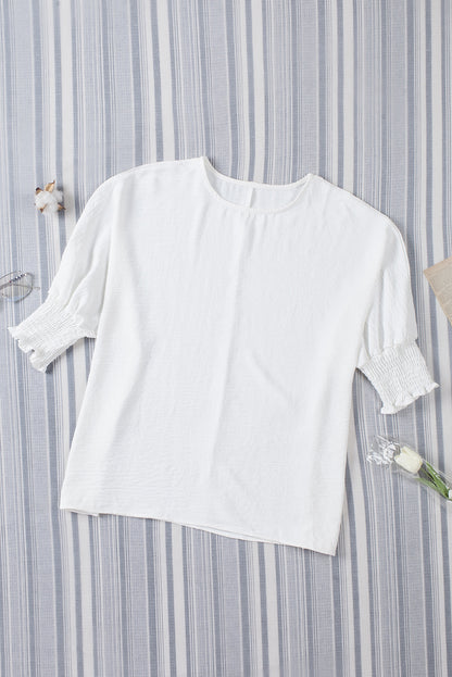 Apricot Solid Casual Smocked Cuffs Batwing Sleeve Blouse - Cowaa