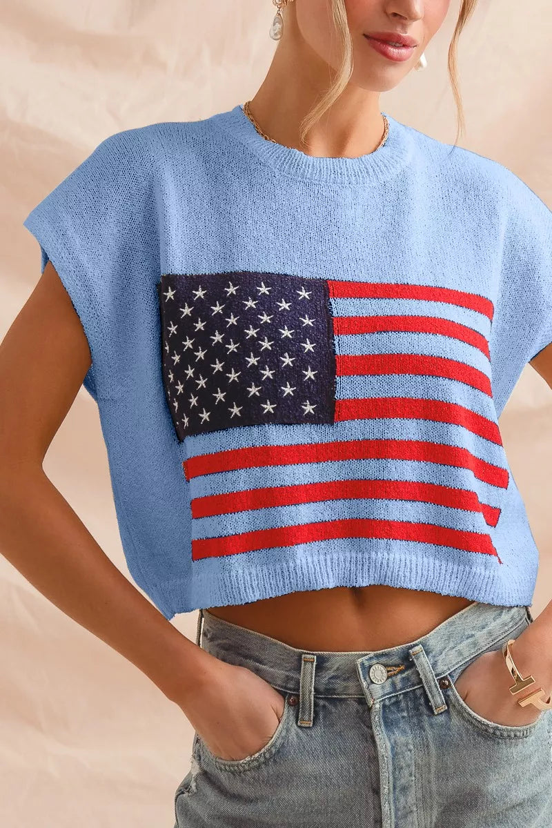 SO ME Fourth Of July American Flag Boxy Fit Sweater Top.