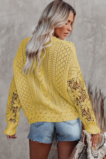 Yellow Crochet Lace Pointelle Knit Sweater