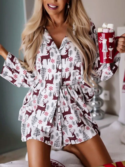 Printed Collared Neck Long Sleeve Top and Shorts Lounge Set - Cowaa