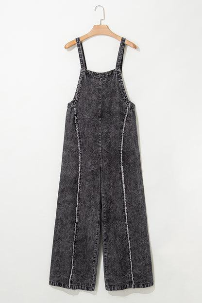 Blue Light Wash Frayed Exposed Seam Wide Leg Denim Overalls - Cowaa