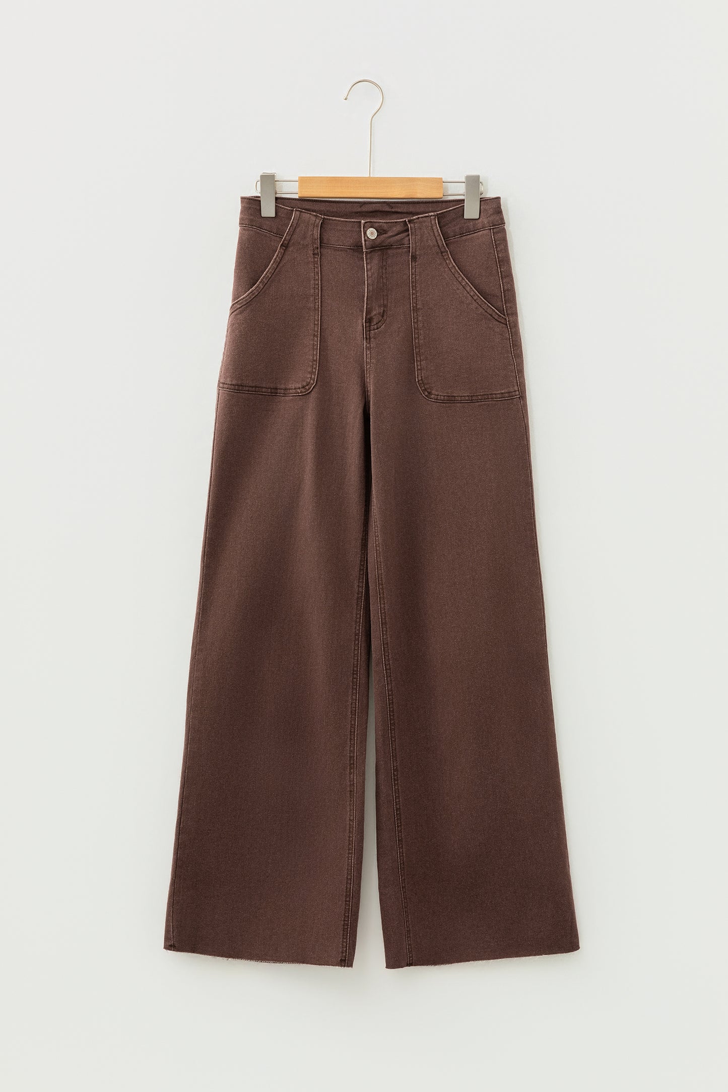Dark Brown Retro Washed Patch Pocket Wide Leg Loose Jeans - Cowaa