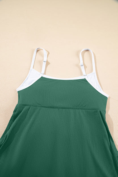 Rose Red Color Block Edge Ribbed Pocketed Lined Swim Dress