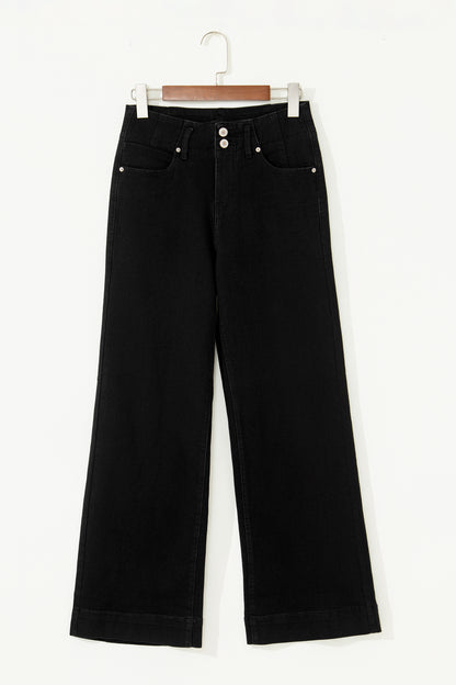 Black 2-Button High Waist Flared Bottom Jeans - Cowaa