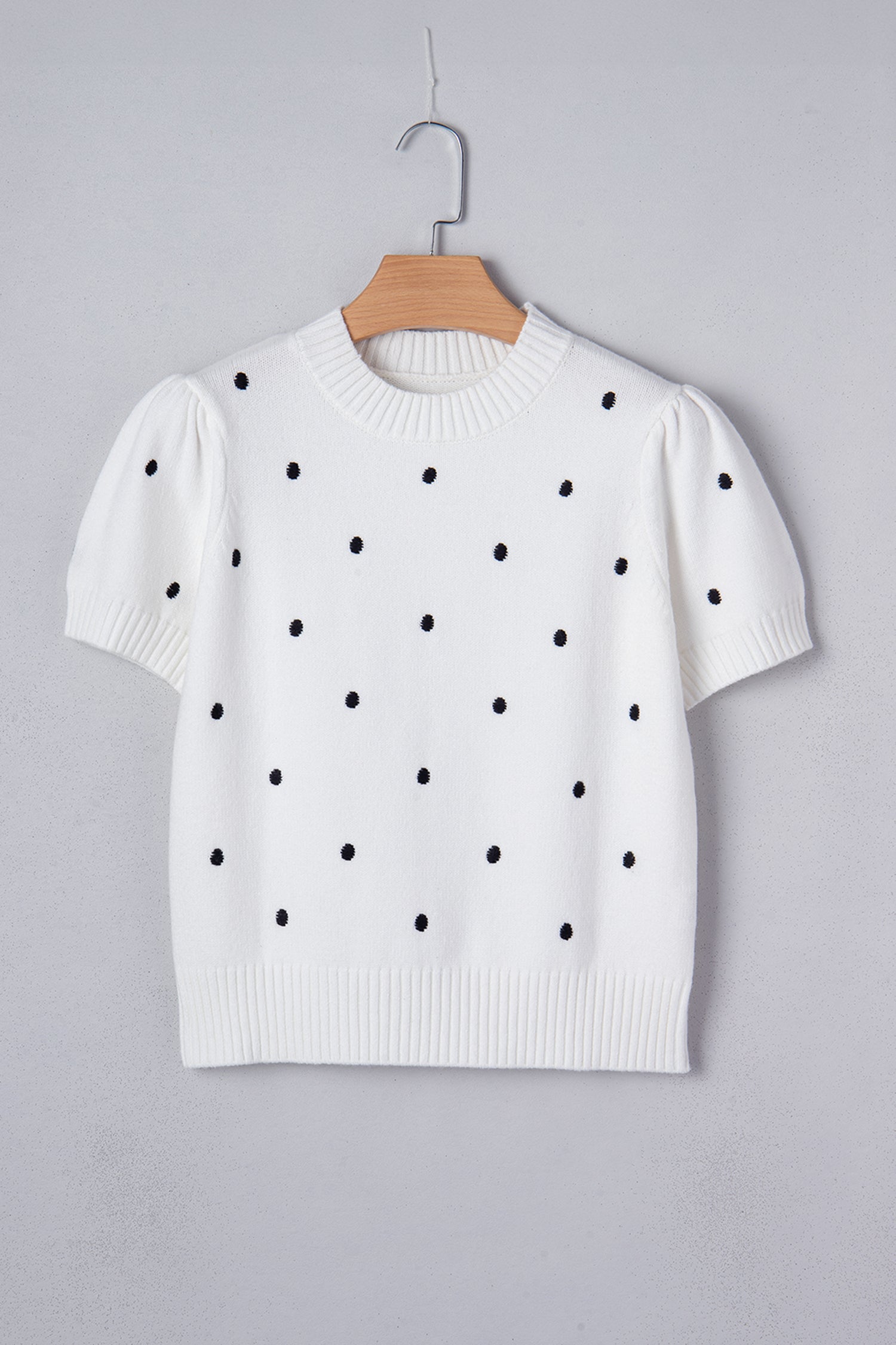 White Elegant Polka Dot Bubble Short Sleeve Sweater - Cowaa
