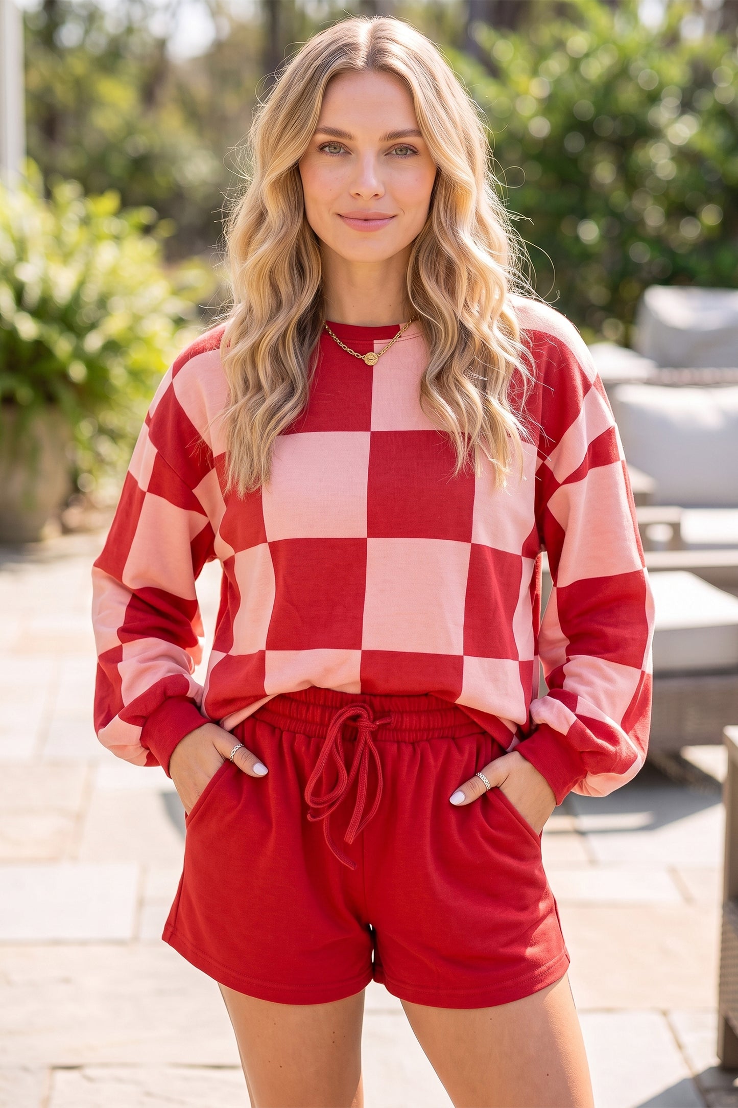 Black Checkerboard Plaid Long Sleeve Solid Color Shorts 2pcs Set