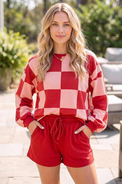 Black Checkerboard Plaid Long Sleeve Solid Color Shorts 2pcs Set