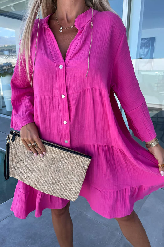 Rose Crinkled Tiered Split Neck Shirt Dress - Cowaa