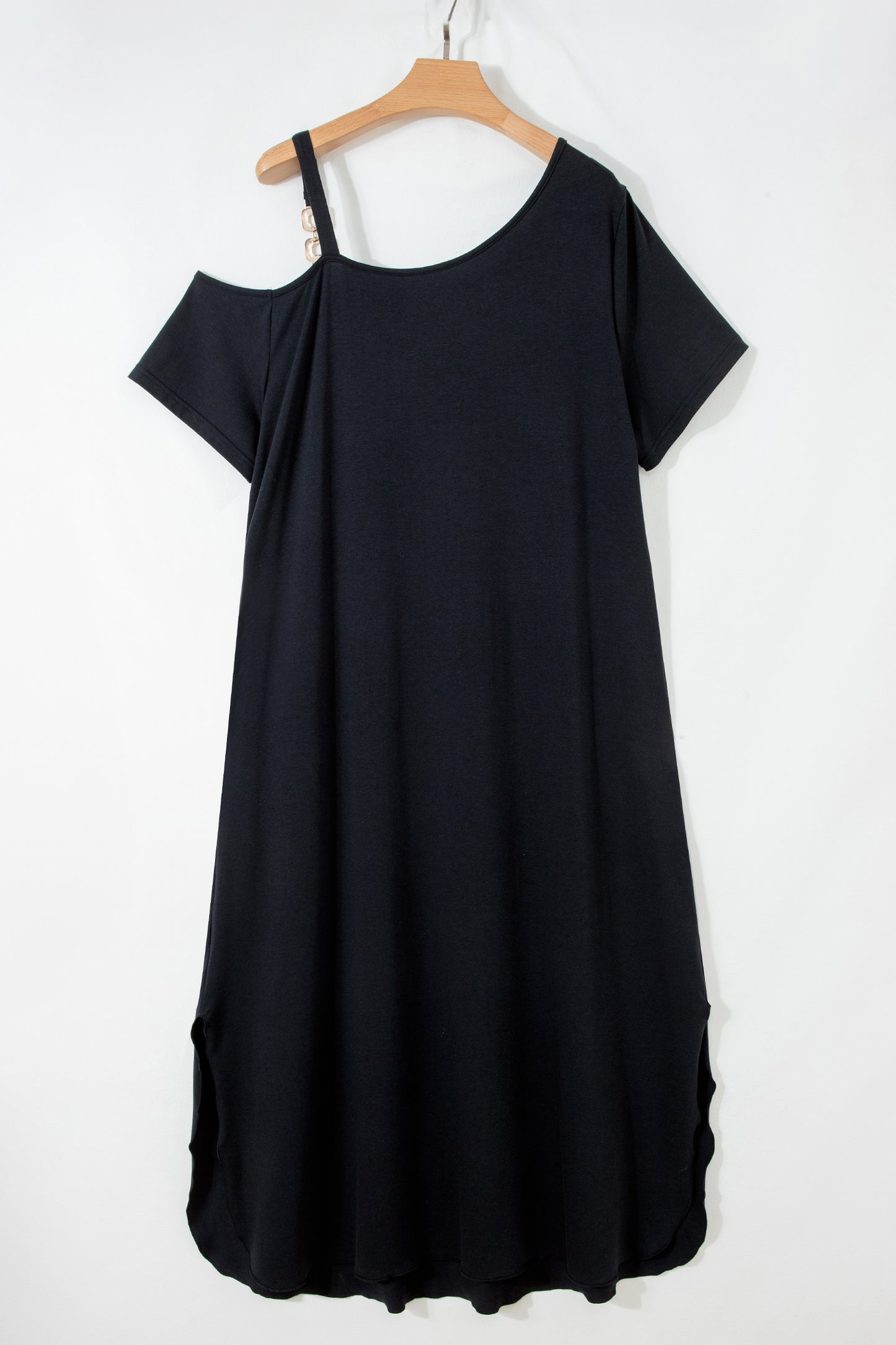 Black Asymmetric Shoulder Detail Short Sleeve Plus Size Maxi Dress