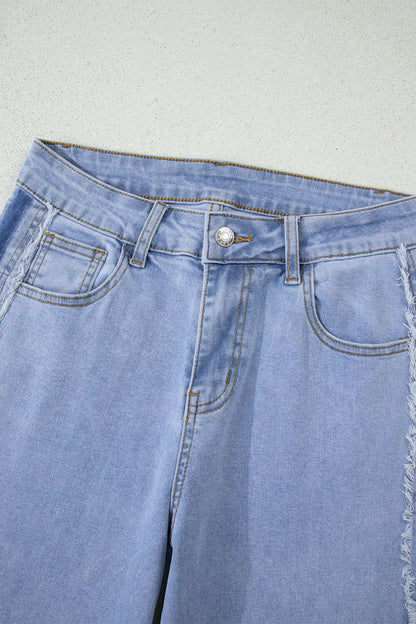 Beau Blue Contrast Stripe Frayed Side Panel Patchwork Shift Jeans - Cowaa