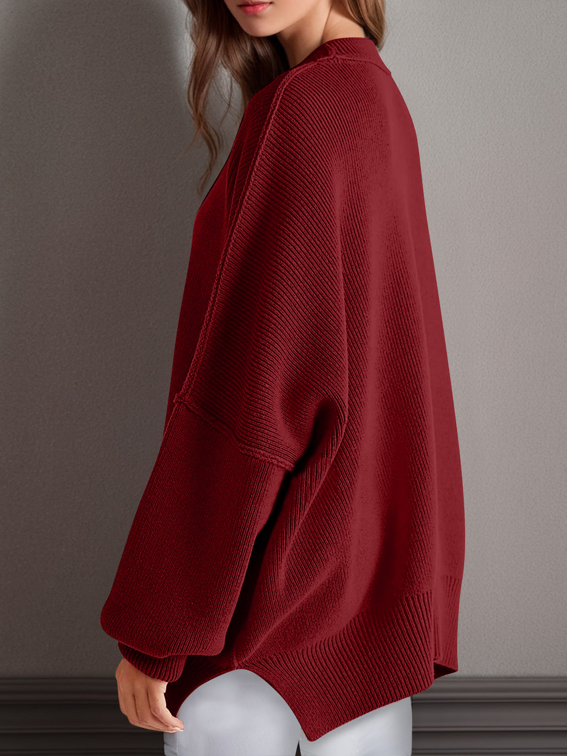 Double Take Side Slit Round Neck Long Sleeve Sweater - Cowaa