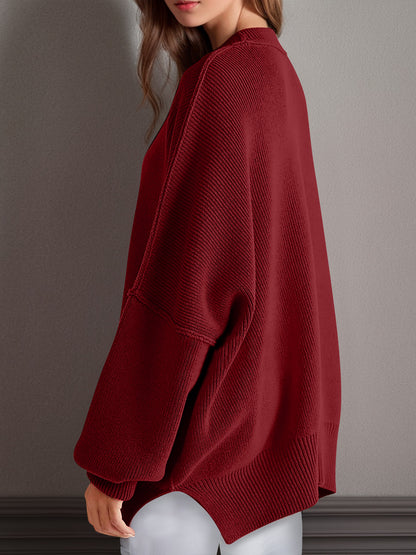 Double Take Side Slit Round Neck Long Sleeve Sweater - Cowaa