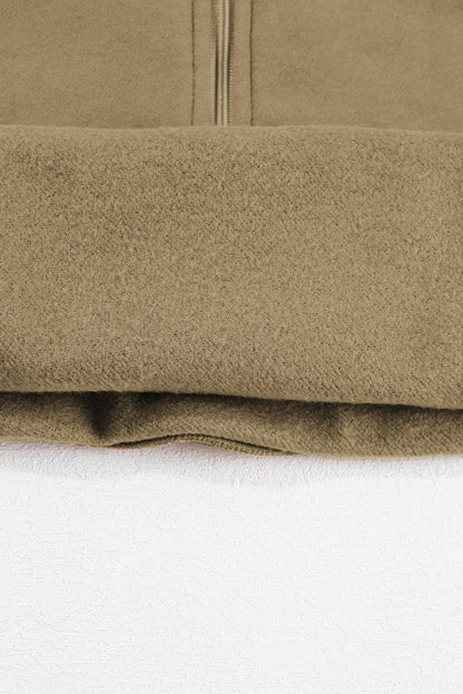 Brown Zip Up Stand Collar Thumbhole Sleeve Sweatshirt - Cowaa