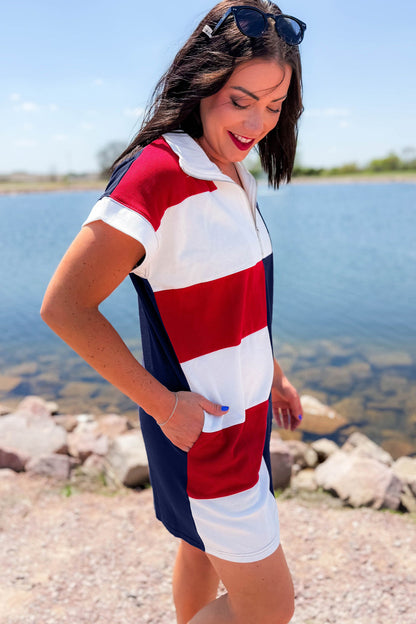 Navy Blue Americana Colorblock Stripes Zip up Collared T Shirt Mini Dress - Cowaa