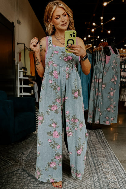 Gray Beau Floral Print Pleated High Waist Wide Leg Denim Jumpsuit