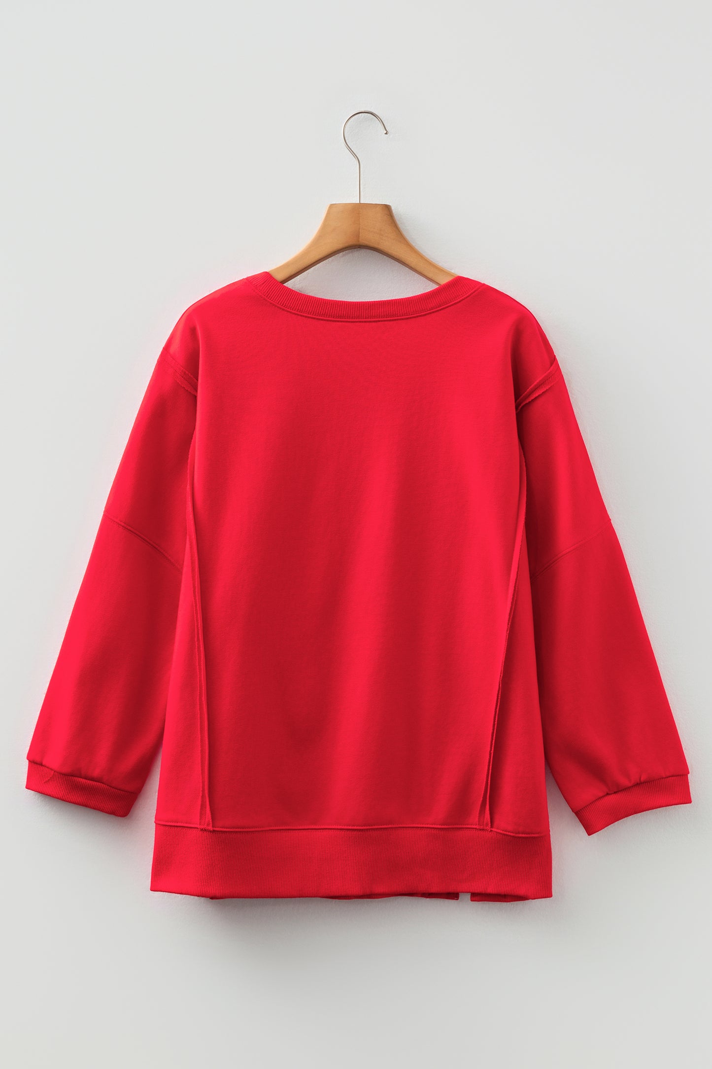 Fiery Red Floral Bow Patched Exposed Seam Patchwork Slit Baggy Sweatshirt