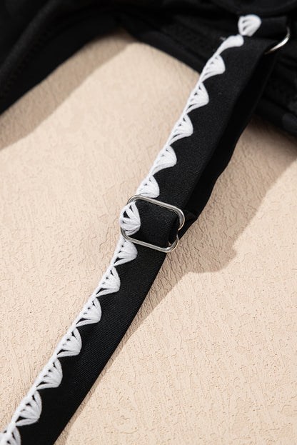 Black Ric Rac Trim Contrasted Patchwork Cutout One Piece Swimsuit - Cowaa