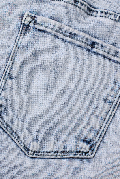 Light Blue Acid Wash Crossed Raw Edge Denim Shorts - Cowaa