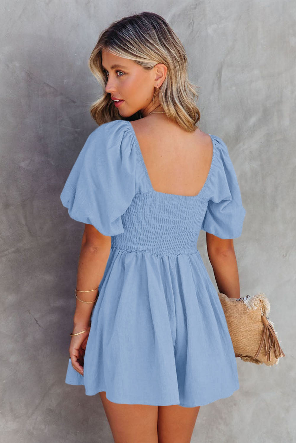 Sky Blue Square Neck Ruched Puff Sleeve Romper