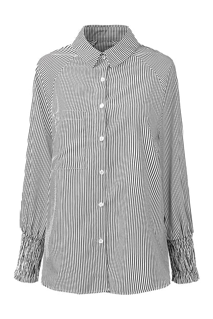 Black Striped Casual Shirred Cuffs Shirt - Cowaa