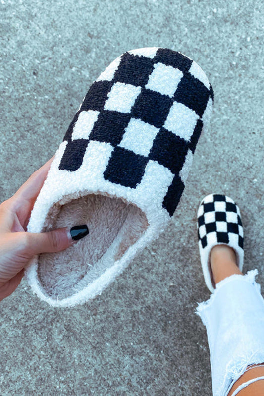 Black Checkered Print Fuzzy Slip On Winter Slippers - Cowaa