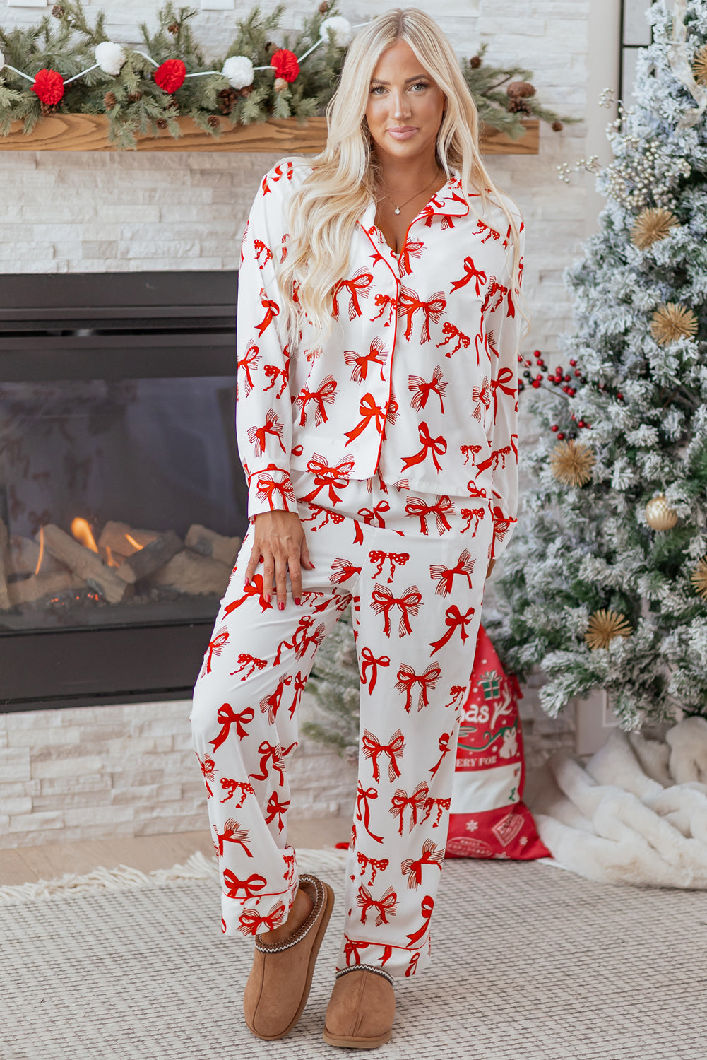 Red Christmas Bow Print Long 2pcs Pajama Set - Cowaa