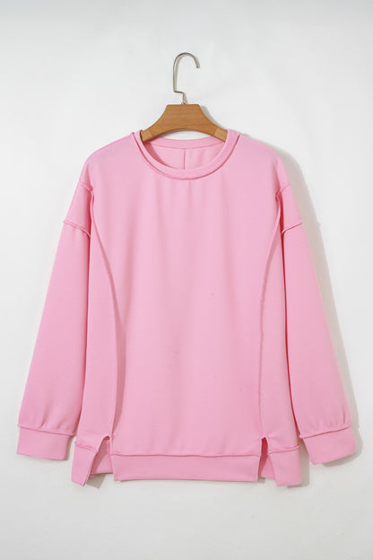 Pink Horizontal Ribbed Exposed Seam Detail Drop Shoulder Baggy Pullover - Cowaa
