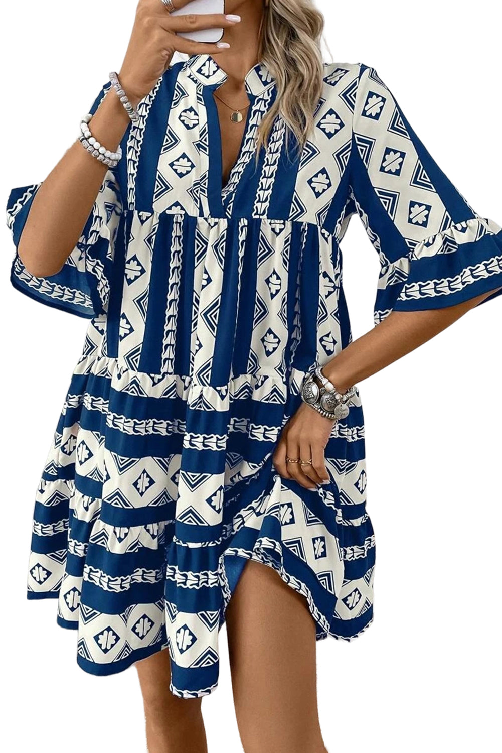 Black Abstract Print Bell Sleeve V Neck Boho Dress - Cowaa