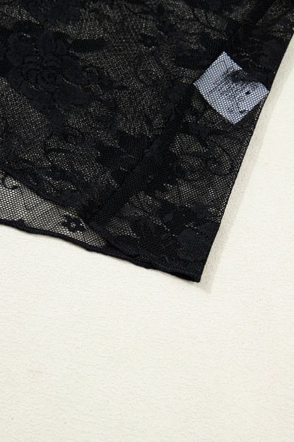 Black Floral Lace Mesh Short Sleeve Sheer Top