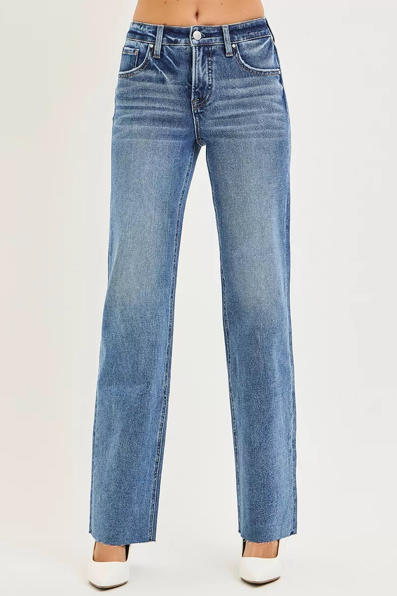 RISEN Tummy Control 4 Way Stretch Mid Rise Straight Jeans.