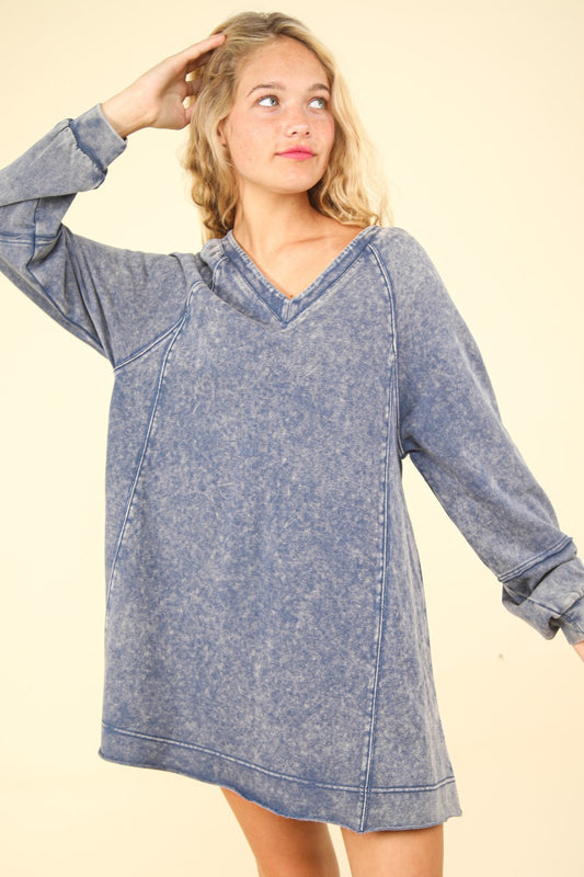 Mineral Washed Oversized A-Line Mini Dress - Cowaa