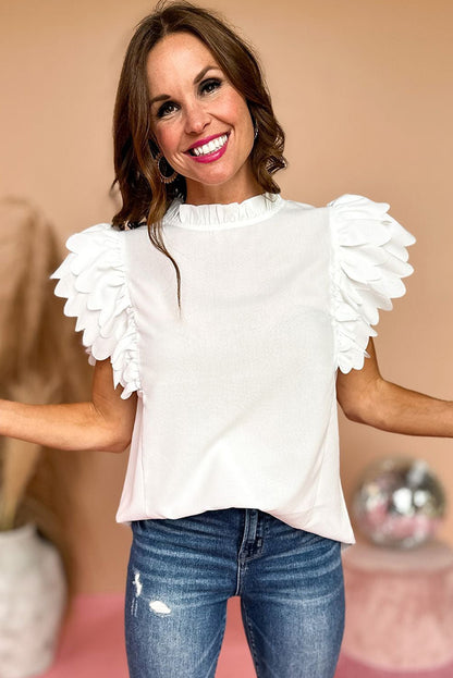 Bright Pink Solid Scalloped Ruffle Sleeve Blouse - Cowaa